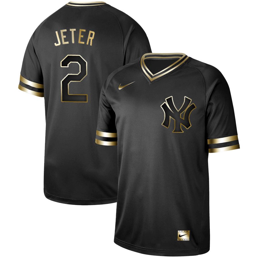 Men New York Yankees #2 Jeter Nike Black Gold MLB Jerseys